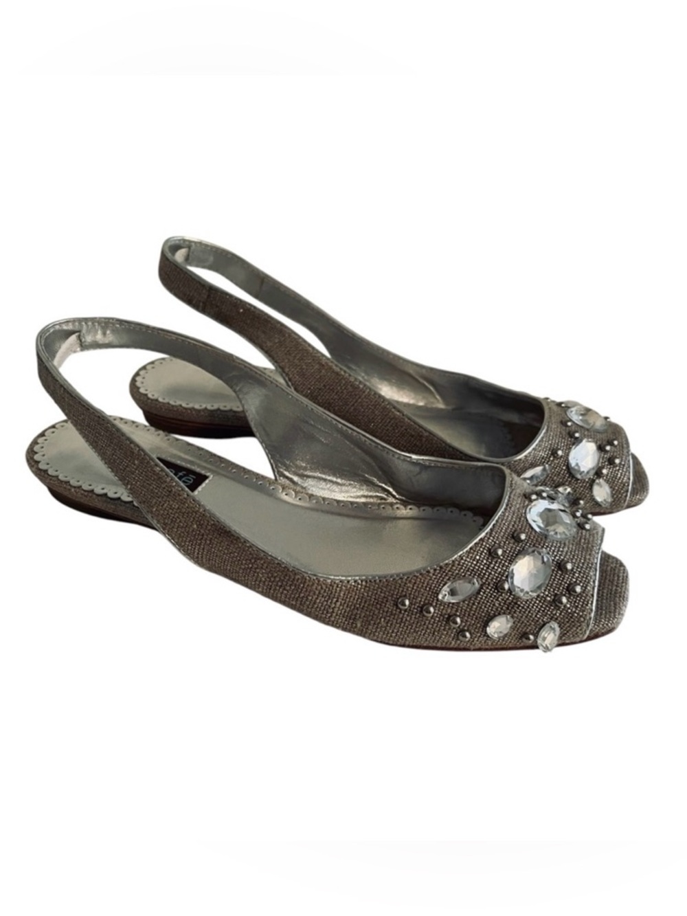 Rafe NY Natural with Platinum Metallic Sheen Bejeweled Peep Toe Flat 6.5